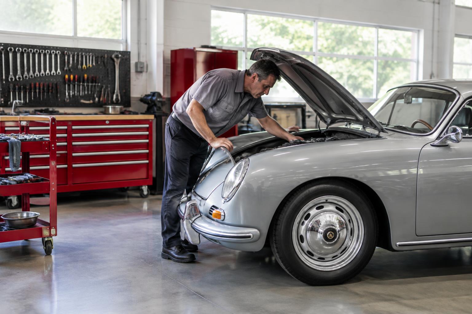 Mechanic working on a silver coupe in a clean garage
