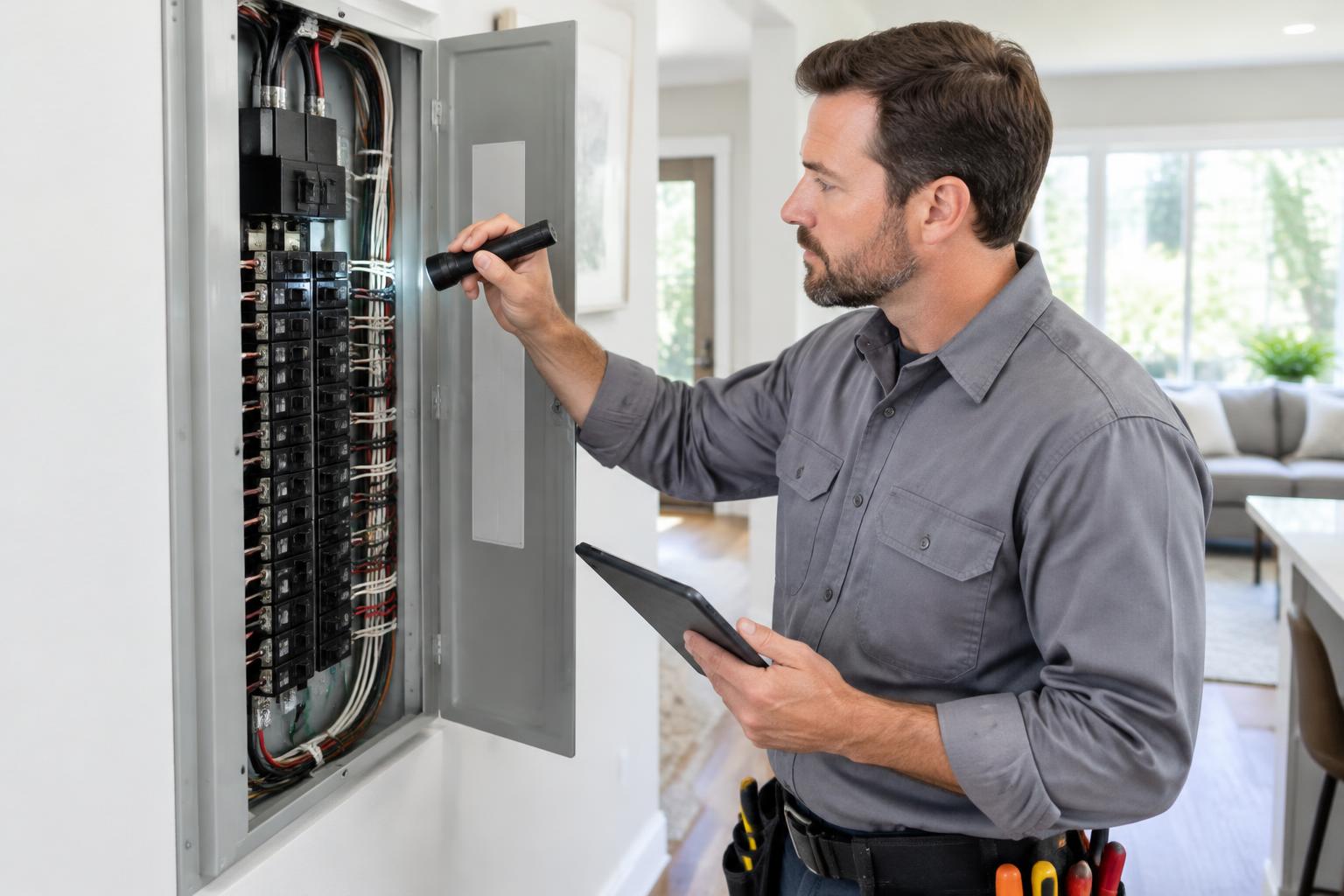 Electrician inspecting a residential electrical panel