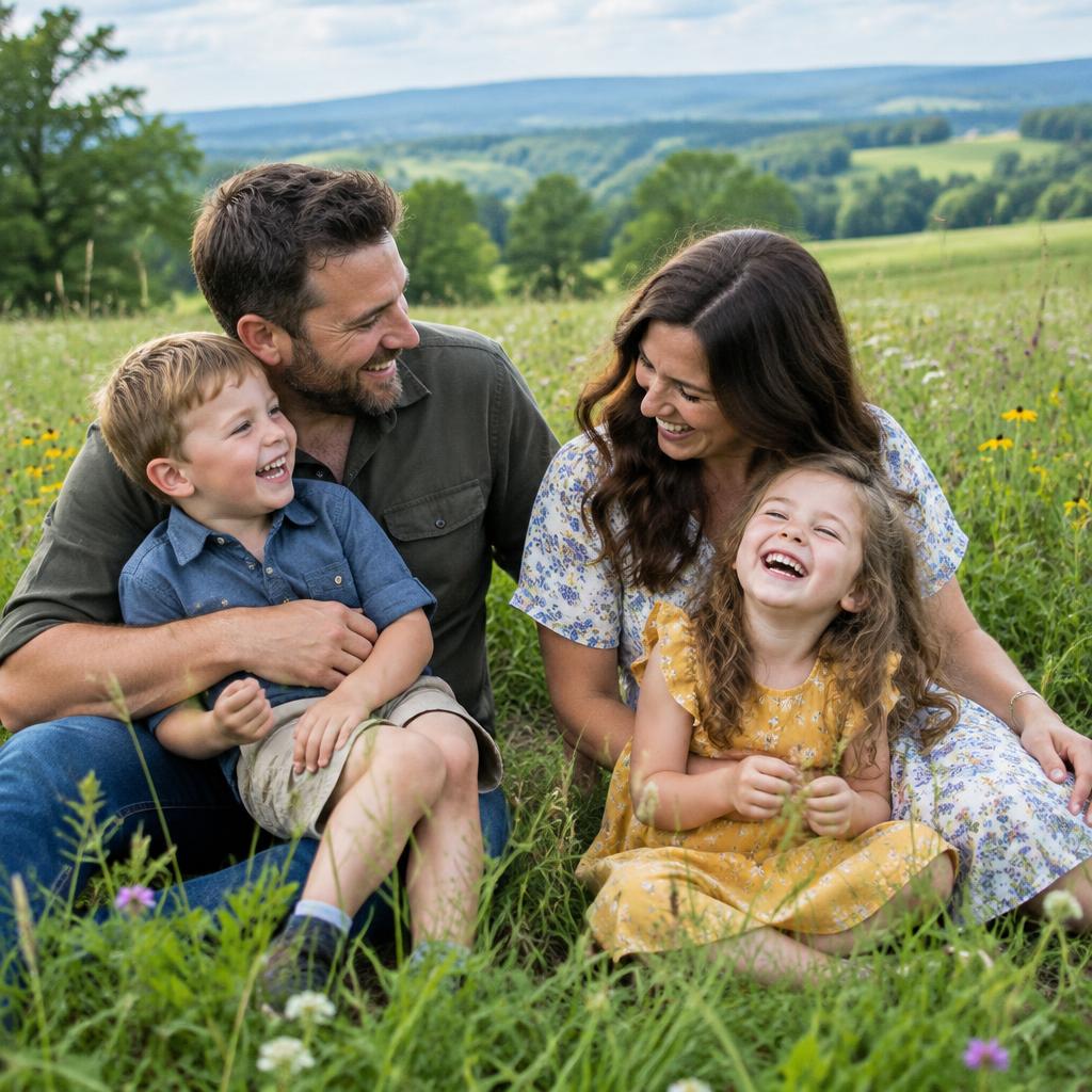 Family laughing in a meadow