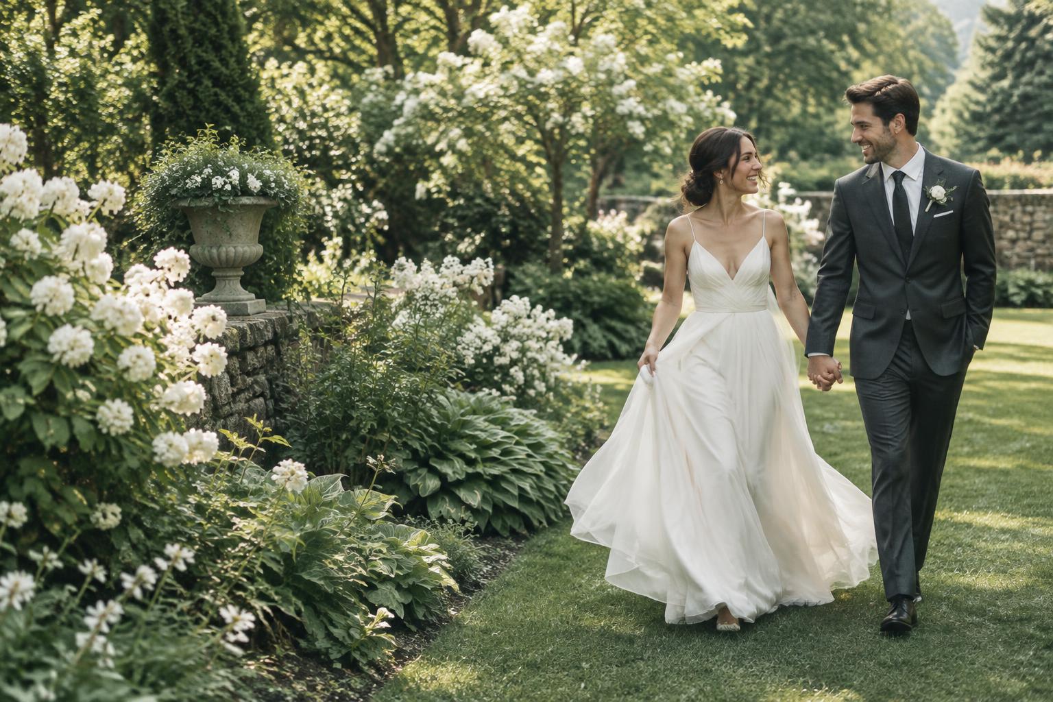 Newlyweds walking together through a sunlit garden